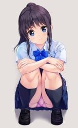 1girls :d ass bad_id bad_twitter_id black_hair black_shoes blue_bow blue_bowtie blue_eyes blue_panties blue_skirt blue_socks blush bow bowtie closed_mouth collared_shirt commentary dress_shirt full_body grey_background highres inactive_account loafers long_hair long_sleeves looking_at_viewer miniskirt open_mouth original panties pasdar pleated_skirt pocket ponytail school_uniform shirt shoes simple_background skirt smile socks solo squatting thighs underwear white_shirt
