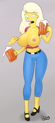 1girls beer big_breasts bimbo black_eyes blonde_hair breasts duff_beer female nipples open_mouth open_shirt pbrown solo the_simpsons titania_(the_simpsons)