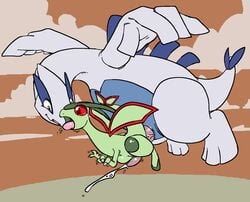 2013 anal cum erection flygon flying furry furry_only gay lugia machv99 male nintendo no_humans penis pokemon pokemon_(species) red_eyes saliva stomach_bulge video_games