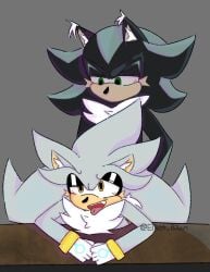 ahegao_face black_hair blue_hair blue_lighting blush chest_fur ear_tuft gay gloves green_eyes inhibitor_ring male/male male_only mastectomy_scar mephiles_the_dark mephiles_the_dark_(shadow_form) no_mouth oerba_yun_fang over_table purple_shading sega silver_hair silver_the_hedgehog sonic_(series) sonic_2006 sonic_the_hedgehog_(series) table table_sex tboy trans_man trans_scars transmasc yaoi yellow_eyes