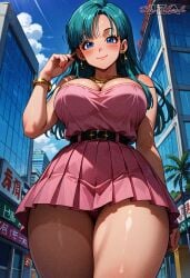 ai_generated bangs black_belt blue_eyes blue_hair blush bracelets breasts bulma_briefs busty busty_female cleavage clothing curvaceous curvaceous_body curvaceous_female curvaceous_figure curvy curvy_female curvy_figure dragon_ball earrings female female_focus female_only flirty gold_jewelry large_breasts long_hair looking_at_viewer low-angle_view necklace pink_panties pink_shirt pink_skirt pleated_skirt seductive smiling thick thick_legs thick_thighs thighs voluptuous voluptuous_female