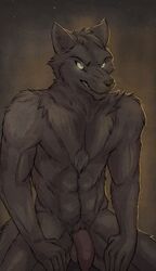 2013 abs angry anthro azur black_fur black_nose canine evil_grin flaccid fur grin male male_only muscles penis sitting smile snarling solo teeth werewolf wolf