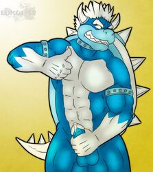 2012 abs anthro balls biceps big_muscles blue_skin brumal claws collar erection grin hair horn koopa lukoi male male_only mario_(series) muscles nintendo nude penis plain_background precum scalie shell solo spikes standing thumbs_up white_eyes white_hair white_skin