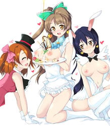 3girls animal_ears banana between_breasts blush breast_rest breasts breasts_on_tray breasts_out bunny_ears carried_breast_rest echizen_(hvcv) food food_between_breasts fruit highres kousaka_honoka love_live! love_live!_school_idol_project minami_kotori multiple_girls nipples pussy pussy_juice smile sonoda_umi tray