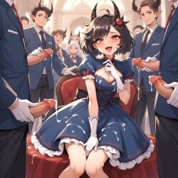 ai ai_generated anime blue_dress blush colored cum cum_dripping demon_girl detailed_background elegant_room erotichris fantasy female female gang_bang gangbang group_sex hentai horns multiple_characters multiple_penises short_black_hair smiling white_gloves