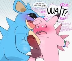 black_eyeshadow blush claws clefable crushpepper ear_piercing ear_stud erection eyeshadow female generation_1_pokemon genitals hi_res holding_penis makeup male male/female mlm_pride_colors nidoqueen nintendo penis piercing pokemon pokemon_(species)