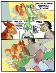 absurd_res anal anal_sex ass avian bird blush bodily_fluids butter clothing comic dairy_products dialogue doeboi dragon emelio_(doeboi) face_fucking feathers fellatio food food_creature furniture genital_fluids genitals green_body green_feathers group group_sex hand_on_head hat headgear headwear hi_res irrumatio looking_at_viewer lying male male/male mythological_creature mythological_scalie mythology nintendo on_front oral pancake pancakes_(kikoloki) penetration penile penis penis_in_mouth precum rear_view rito scalie sex sitting smug smug_face sobi_(sobibird) sofa speech_bubble spitroast syrup tapering_penis text the_legend_of_zelda threesome trio