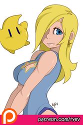 1girls 1other big_breasts blonde_hair blue_eyes breasts cleavage_cutout dark_ryev earrings female female_focus hair hair_over_one_eye human looking_at_viewer luma mario_(series) nintendo parted_lips patreon princess_rosalina ryev simple_background solo_focus star_earrings swimsuit white_background