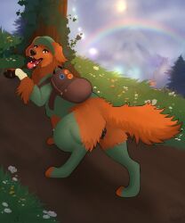 absurd_res animal_genitalia animal_vulva backpack bird_dog bodily_fluids breath brown_backpack canid canine canine_genitalia canine_vulva canis clothed clothed_feral clothing domestic_dog drooling female feral fur genital_fluids genitals golden_retriever green_clothing green_hat green_headwear green_legwear green_stockings green_sweater green_topwear hat headgear headwear hi_res hunting_dog legwear mammal nauticalcanine orange_body orange_eyes orange_fur panting retriever saliva solo stockings sweater thigh_highs topwear vaginal_fluids vulva