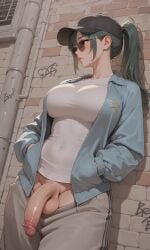 1futa abs ai_generated amber_eyes balls big_breasts big_penis blush breasts cap covered_abs dickgirl flaccid futa_only futanari green_hair hands_in_pockets intersex jacket jamesbron julia_m_(jamesbron) large_breasts large_penis long_hair looking_away no_panties pants_down pants_pull penis penis_out ponytail shirt solo solo_futa sunglasses tinted_eyewear white_shirt wide_hips