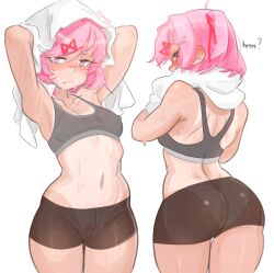 1girls 2d accessory armpits arms_up artist_name ass bangs big_ass blush bodily_fluids bottomwear breasts cleavage clothed clothing doki_doki_literature_club emiillb erect_nipples_under_clothes female female_only front_view gym_clothes gym_clothing gym_shorts hair_accessory hair_intakes hair_ornament hair_ribbon large_ass light-skinned_female light_skin looking_at_viewer looking_back looking_back_at_viewer matching_hair/eyes multiple_views natsuki_(doki_doki_literature_club) navel nipple_outline pink_eyes pink_hair portrait rear_view short_hair short_shorts shorts small_breasts solo solo_female sports_bra sportswear sweat sweaty sweaty_body swept_bangs tan-skinned_female tan_skin tank_top tanned tanned_female tanned_skin thick_thighs thighs three-quarter_portrait tied_hair topwear towel twintails twintails_(hairstyle)