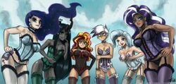 anthro breasts changeling cleavage cutie_mark evil fangs female friendship_is_magic garter_belt gilda_(mlp) green_eyes green_hair group hair horn human humanized john_joseco lingerie long_hair looking_at_viewer my_little_pony nightmare_moon_(mlp) nightmare_rarity open_mouth pasties princess_luna_(mlp) queen_chrysalis queen_chrysalis_(mlp) rarity_(mlp) smooth_skin stockings sunset_shimmer thighhighs trixie_(mlp)