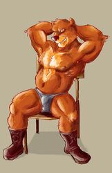 2013 anthro bear biceps big_muscles brown_fur fur grizzly_bear looking_at_viewer lowemond male male_only muscles nipples pecs plain_background pose smile solo teeth