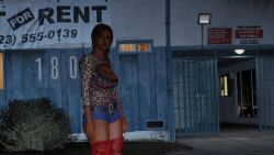 3d 3d_(artwork) alternate_outfit artist_request boots booty_shorts brown_eyes brown_hair cheetah_print cleavage dark_skinned_female denim_short_shorts denim_shorts earrings emotionless emotionless_female exposed_cleavage expressionless grand_theft_auto grand_theft_auto_online grand_theft_auto_v gta_prostitute high_heel_boots huge_breasts indifferent jean_shorts long_hair lowres mature_female mature_woman prostitute red_boots red_high_heel_boots red_thighhighs rockstar_editor rockstar_gamed standing text thigh_boots thighhighs wide_hips