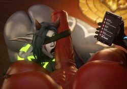 1futa 1girls 3d black_hair blindfold blizzard_entertainment demon_hunter demon_hunter_(warcraft) derpynaut draenei elf elf_ears eredar eredar_futa female futa_on_female futadom futanari green_skin horns night_elf night_elf_female original_character red_skin roleplay_character smartphone tattoo warcraft world_of_warcraft ylori_the_thundering