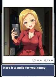 ai_generated blonde_hair blush clara cleavage holding_phone large_breasts long_hair love_loop mirror open_mouth phone selfie