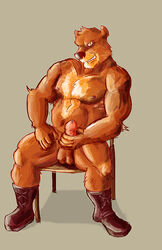 2013 anthro balls bear biceps big_muscles brown_fur erection fur grizzly_bear looking_at_viewer lowemond male male_only muscles nipples pecs penis plain_background pose smile solo teeth