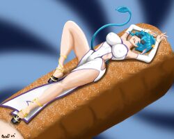 big_breasts blindfolded blue_hair bovine bread casstheblue cow_girl cow_horns cow_tail divine dress hooves huge_breasts moo_merrily star thick_thighs thighs