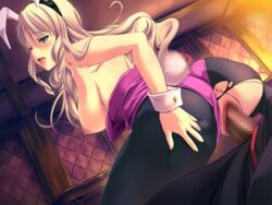 animal_ears anus areolae ass ass_grab back bare_shoulders big_breasts blonde_hair blue_eyes blush breasts breasts_out bunny_ears bunny_girl bunnysuit censored demonion demonion_ii:_maou_to_sannin_no_joou female game_cg gluette_auric highres large_breasts legs long_hair looking_back m&m_(mickey_and_mackey) nipples open_mouth pantyhose penis pussy saliva sex sitting sitting_on_person sweat thighs torn_clothes vaginal_penetration wince wrist_cuffs