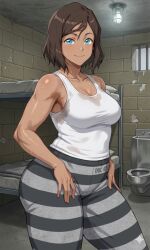 1girl 1girls ai_edit ai_generated ass avatar_legends barefoot bars black_and_white_stripes brown_hair bunk_bed butt cell dirty dirty_clothing edit edited edited_ai edited_image facing_away female female_focus female_only gemini huge_ass inmate inmates_clothing jail jail_cell korra large_ass prison prison_cell prison_clothes prison_uniform prisoner short_hair slippyai solo solo_female solo_focus squat squatting striped_clothing stripes sweat sweaty tank_top the_legend_of_korra thick_ass thick_thighs thighs white_tank_top looking_at_viewer tanned tanned_skin tanned_female tan_body tan_skin tan toilet steel_toilet lamp breasts large_breasts boobs big_ass big_boobs blue_eyes smile smiling smiling_at_viewer