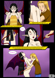 1boy 1girls ass athletic black_hair blonde_hair blush breasts clothing comic demon demon_horns dog_tags dragonwrath female frederick grope hair horn human inviting jeans licking long_hair male necklace nude open_mouth pants pointy_ears pussy red_eyes saïna shivering spade_tail stroke succubus sweater tail text the_awakening tongue trembling webcomic wings