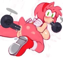 amy_rose anal anal_juice anthro anus arms_behind_back ass big_breasts blush bound_wrists breasts drooling eggman_logo eulipotyphlan eyelashes fellatio female female_focus female_only frills green_eyes headband hedgehog high_heel_boots looking_at_viewer looking_back mascara nipples noill oral oral_sex pink_fur pink_nipples plump_vulva puffy_anus puffy_areola puffy_pussy pussy sega sex shiny_fur shiny_skin sideboob sonic_(series) sonic_team spitroast white_background