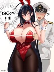1boy 1girls absurdres ahoge aiguillette animal_ear_hairband artist_name azur_lane bare_shoulders black_hair black_pantyhose blush bow bowtie breast_expansion breast_growth breast_size breasts breasts_bigger_than_head brown_hair bunnysuit bust_measuring chieftain_art13 cleavage collarbone commander_(azur_lane) cowboy_shot crossed_bangs detached_collar faceless faceless_male fake_animal_ears fake_rabbit_ears female grin hair_between_eyes hair_down hairband hands_up hat heart heart-shaped_pupils highres huge_ahoge huge_breasts jacket leotard light-skinned_female light-skinned_male light_skin long_hair long_sleeves looking_at_viewer measurements measuring military_hat military_uniform naval_uniform official_alternate_costume official_alternate_hairstyle open_mouth pants pantyhose peaked_cap playboy_bunny rabbit_ear_hairband red_bow red_bowtie red_bunnysuit red_eyes red_leotard sakura_empire_(azur_lane) short_hair sidelocks simple_background smile standing strapless strapless_leotard symbol-shaped_pupils taihou_(azur_lane) taihou_(fun_on_the_baize)_(azur_lane) tape_measure teeth text upper_teeth_only very_long_hair white_background white_hat white_jacket white_pants white_wrist_cuffs wrist_cuffs