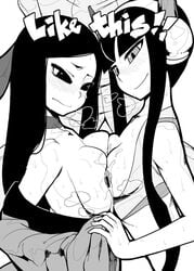 2girls asymmetrical_docking blush breast_press breasts censored choker cum double_paizuri elesa_(pokemon) elesa_(pokemon_bw2) eric_muentes female gym_leader headphones human human_only interlocked_fingers large_breasts long_hair male monochrome multiple_girls nintendo off_shoulder paizuri pokemon pokemon_bw2 pokemon_xy small_breasts straight sweat tied_hair twintails valerie_(pokemon) woofycakes