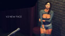 3d 3d_(artwork) beautiful_woman belt blue_eyes booty_shorts bracelet brown_hair collarbone creamplux earrings emotionless emotionless_female exposed_cleavage expressionless female_focus femsub game_mod grand_theft_auto grand_theft_auto_v gta_prostitute heart_necklace indifferent large_breasts large_tits leaning_against_wall leaning_to_the_side long_hair lowres mature_female mod partially_clothed_female posing rockstar_editor short_shorts source_request text