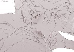 2boys absurdres adam's_apple bite_mark bite_mark_on_neck bite_mark_on_thigh blush clitoris commentary cunnilingus cuntboy cuntboy_with_male fingering greyscale highres honkai:_star_rail honkai_(series) male_focus mole mole_on_pussy monochrome multiple_boys mydei_(honkai:_star_rail) oral phainon_(honkai:_star_rail) pussy pussy_juice rd11011 simple_background sweat twitter_username vaginal_penetration white_background