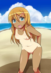 beach blue_eyes blush breasts brown_hair comord cute_fang female female_only human kirino_kosaka leaning_forward long_hair looking_at_viewer navel nipples nude open_mouth ore_no_imouto_ga_konna_ni_kawaii_wake_ga_nai outdoors pussy smile solo standing tanline uncensored