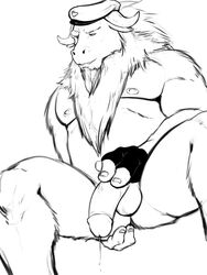 2012 anthro balls beard biceps big_muscles big_penis bison bovine buffalo facial_hair fingerless_gloves fur gloves hair horn male male_only mammal muscles nipples nude officer pecs penis plain_background police pose rufferstuff spread_legs spreading taoren