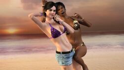 2girls 3d 3d_(artwork) armpit beach belt bikini black_hair brown_hair cleavage collarbone denim_shorts female_only femsub grand_theft_auto grand_theft_auto_v gta_pedestrians jean_shorts large_breasts large_tits lowres oblivious_sexualization official official_art rockstar_games short_hair smoking tattoo tomboyish unnamed_character wholesome