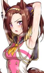 absurdres aiguillette animal_ears ao_(user_xcnx5328) arm_behind_head armpits arms_up bakushin_o_armpit_gif_(meme) big_ass_forehead_lmao black_sailor_collar blush bow bright_pupils brown_hair commentary_request ear_ribbon epaulettes female frown hair_ribbon hairband hand_on_own_arm highres horse_ears horse_girl horse_tail korean_commentary long_bangs long_hair looking_at_viewer necktie open_mouth orange_necktie pink_shirt ponytail purple_eyes purple_ribbon ribbon sailor_collar sakura_bakushin_o_(blossom_in_learning)_(umamusume) sakura_bakushin_o_(umamusume) shirt sleeveless sleeveless_shirt solo standing steam stretching sweat tail umamusume white_pupils yellow_hairband