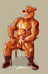 2013 anthro balls bear biceps big_muscles brown_fur cum erection fur grizzly_bear looking_at_viewer lowemond male male_only muscles nipples open_mouth pecs penis plain_background pose smile solo teeth tongue