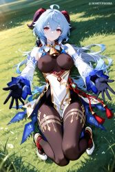 ahoge ai_assisted ai_generated bare_shoulders bell black_gloves black_pantyhose blue_hair blush bodystocking bodysuit bow breasts brown_leotard brown_pantyhose chinese_knot closed_mouth clothing covered_navel covered_nipples cowbell day detached_collar detached_sleeves female flower flower_knot ganyu_(genshin_impact) genshin_impact gloves goat_horns gold_trim grass hair_between_eyes high_heels horns knees_up large_breasts legwear leotard leotard_under_clothes long_hair long_sleeves looking_at_viewer low_ponytail lying medium_breasts neck_bell nipples on_back on_grass outdoors outstretched_arms pantyhose pelvic_curtain purple_eyes reaching reaching_towards_viewer see-through sidelocks smile solo tassel thigh_gap thighlet thighs very_long_hair vision_(genshin_impact) waist_cape white_flower white_footwear white_sleeves