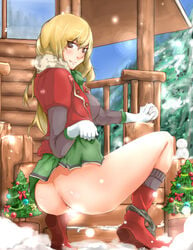 anus asphyxiation_(artist) ass black_eyes blonde_hair boots censored christmas christmas_tree dress dress_lift female gloves jacket long_hair original panties panties_around_leg pussy snow snowball socks solo underwear