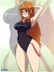 1girls 3:4 alternate_breast_size armpits arms_behind_head arms_up big_breasts breasts cosplay cowboy_shot crossover female female_focus female_only glasses hair highres large_breasts layerth long_hair megami_tensei one-piece_swimsuit one_breast_out orange_hair persona persona_5 pyra_(xenoblade)_(cosplay) sakura_futaba smile smiling solo_female standing swimsuit thick_thighs very_long_hair xenoblade_(series) xenoblade_chronicles_2