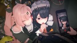 1boy 2girls 3d animated assisted_fellatio black_hair censored ellen_joe fellatio female filming handjob hoyoverse koikatsu koro22 light-skinned_female light-skinned_male light_skin longer_than_10_seconds maid maid_headdress male male_pov mihoyo mosaic_censoring mp4 nicole_demara oral phone phone_screen pink_hair pov recording recording_on_phone shorter_than_30_seconds slurp sound tagme video wise_(zenless_zone_zero) zenless_zone_zero