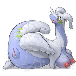 big_breasts blush breasts chubby dragon drooling feral flucra goo goodra green_eyes inverted_nipples nintendo nipples plain_background pokemon pokemon_(species) pussy pussy_juice saliva slime tongue tongue_out video_games wet_pussy white_background