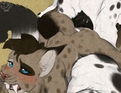 anal anthro blue_eyes blush close-up cradling cum domino_(keedot) feline female furry keedot looking_at_viewer lynx male mohawk open_mouth penis sabertooth sex size_difference spots spread_legs straight takoma