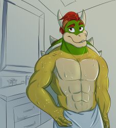 bathroom bathroom_background bathroom_floor bathroom_sink bathroom_stall bathroom_tiles bathroom_wall bowser comfortable fanart fanservice gorgeous horns hot koopa male mario_bros muscular muscular_arms muscular_back muscular_male naked nintendo nude nudity relax relaxation relaxed relaxed_expression relaxed_pose relaxing sexy sexy_body sexy_male sexy_man sexy_pose shower shower_(place) shower_room shower_stall showering showers solo_male strong strong_male towel towel_around_waist towel_only towel_wrap turtle villain wet wet_body wet_hair wet_skin