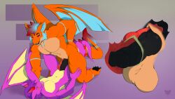 anthro arm_tuft armlet_(marking) artist_logo black_pawpads black_penis black_sclera blue_highlights blue_inner_ear blue_membrane blush bracelet_(marking) chest_tuft claws close-up countershading diafragma dragon duo elbow_tuft entwined_tails eye_contact facial_markings genitals hand_on_hip head_markings hi_res highlights_(coloring) kneeling knot knotted_penis lidded_eyes logo looking_at_another lying male male/male male_only markings membrane_(anatomy) mutual_penetration mythological_creature mythological_scalie mythology narrowed_eyebrows navel nude on_back open_mouth open_smile orange_body orange_eyes pawpads penetration penile penile_penetration penis penis_in_slit pupils purple_body red_pupils scalie sex slit_penetration slit_play smile tail tail_coil tan_body tan_countershading tan_membrane toe_claws tuft