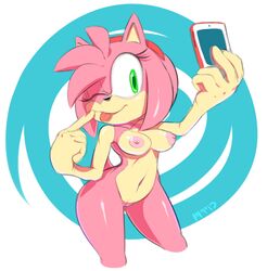 2013 amy_rose anthro areola big_breasts breasts cellphone erect_nipples female female_only fur furry furry_only green_eyes hair hedgehog marthedog naked navel nipples nude one_eye_closed phone pink_hair pussy sega self_shot smile solo solo_female sonic_(series) tail tongue tongue_out