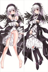 blush dakimakura dress dress_lift hairband legs long_hair pussy red_eyes rose rozen_maiden silver_hair suigintou uncensored