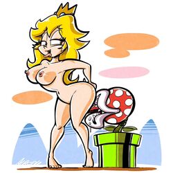 albo blonde_hair breasts crown cunnilingus erect_nipples mario_(series) nintendo nude oral piranha_plant princess_peach super_mario_bros. tongue tongue_out warp_pipe