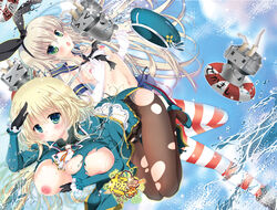 2girls atago_(kantai_collection) black_gloves black_panties blonde_hair blush breasts elbow_gloves gloves green_eyes hairband hat kantai_collection large_breasts long_hair looking_at_viewer military military_uniform multiple_girls navel nipples panties pantyhose pekopokox personification rensouhou-chan shimakaze_(kantai_collection) skirt smile striped striped_legwear text thighhighs torn_clothes underwear uniform white_gloves