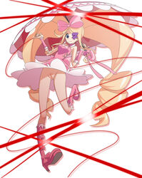 blonde_hair boots bow dress drill_hair eye_patch female hairbow harime_nui highres kemeko_(kurobuchi2011) kill_la_kill long_hair no_panties pussy smile solo string tied_hair twin_drills twintails umbrella upskirt