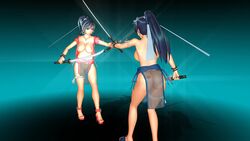 2girls 3d animated big_breasts black_hair blade bouncing_breasts fight fighter fighting katana naked ninja no_sound nude sword video z375