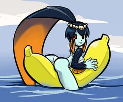 ass banana beach bikini blue_skin jopereira minette_(skullgirls) pose presenting purple_eyes sitting skullgirls sky smile solo tongue tongue_out